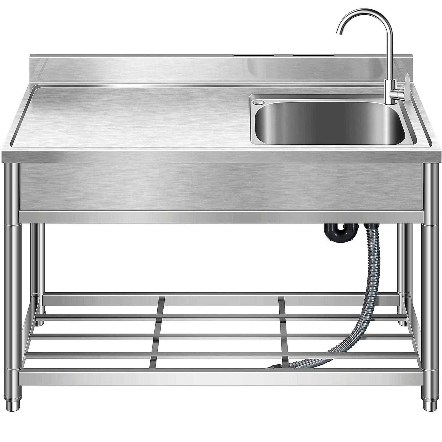 Kingbo Free Standing Stainless-Steel Single Bowl Commercial Restaurant Kitchen Sink Set w/Faucet & Drainboard Prep & Utility Washing Hand Basi