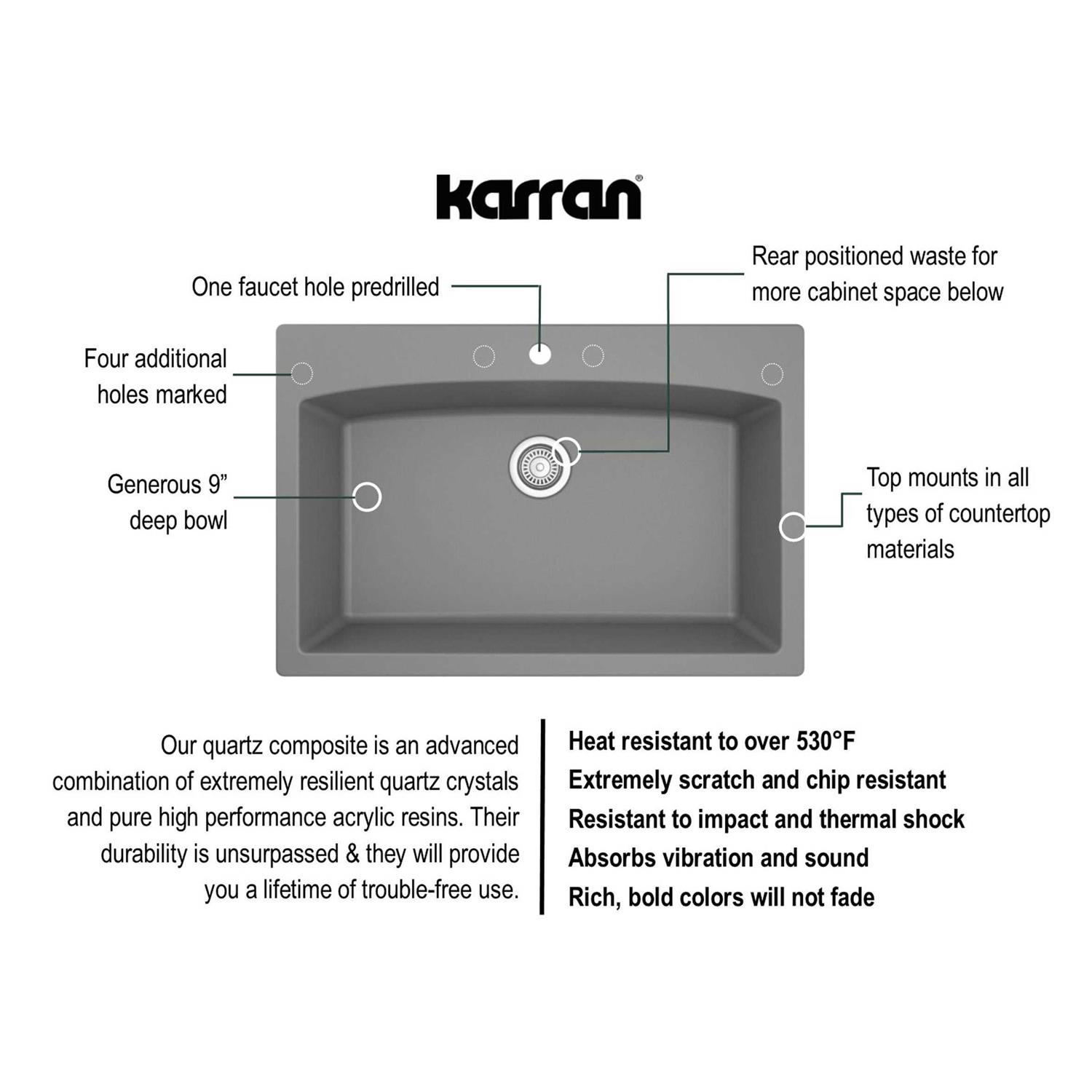 Karran QT-712 Drop-In Quartz Composite 33 In. 1-Hole Single Bowl Kitchen Sink - Image 3