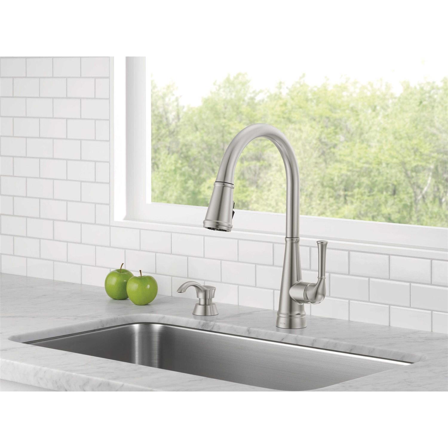 Delta Alpen Spotshield Stainless Single Handle Pull-down Kitchen Faucet with Deck Plate and Soap Dispenser Included Rubber - Image 5
