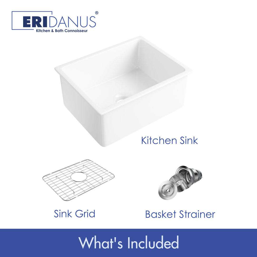 Eridanus Oslo 24 in. Undermount Single Bowl White Ceramic Kitchen Sink with Botton Grid and Basket Strainer - Image 5