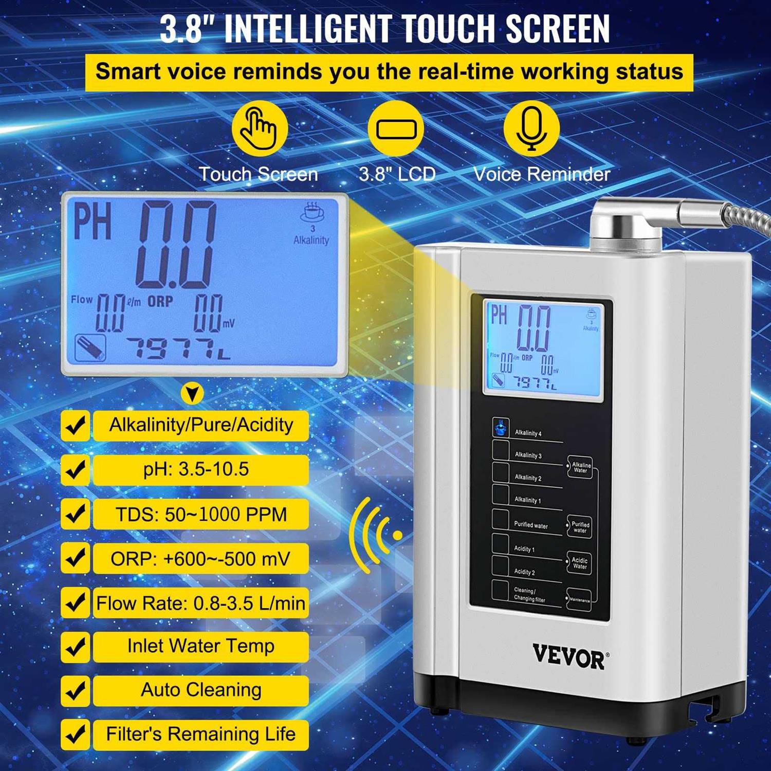 VEVOR Water Ionizer Machine 7 Water Settings Alkaline Acid Home Filtration System w/ 3.8 LCD Touch Panel - Image 3