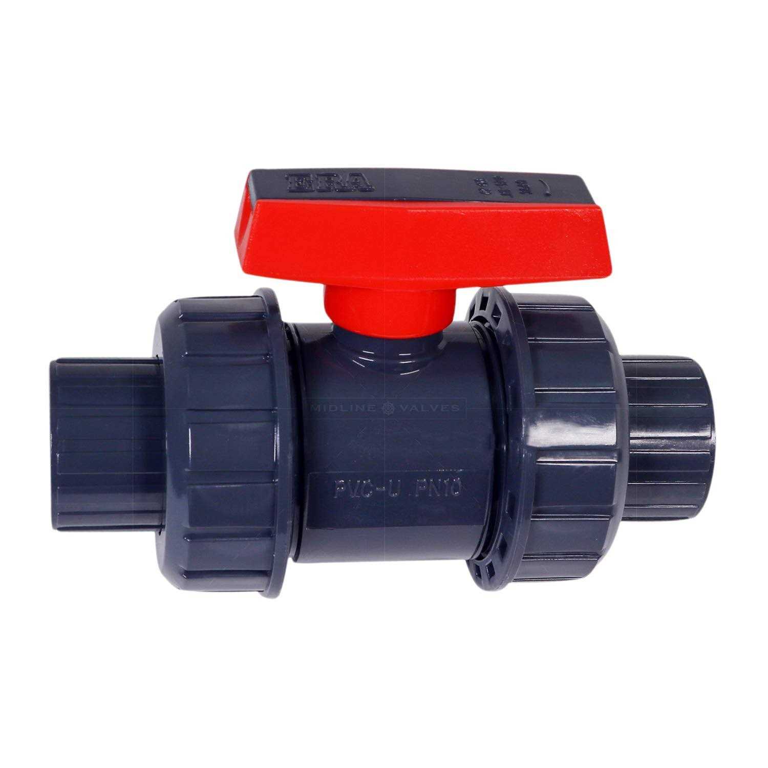 Midline Valve Heavy Duty PVC True Union Ball Valve Pink Handle 1-1/2'' FIP/Solvent Connections Grey Plastic - Image 3