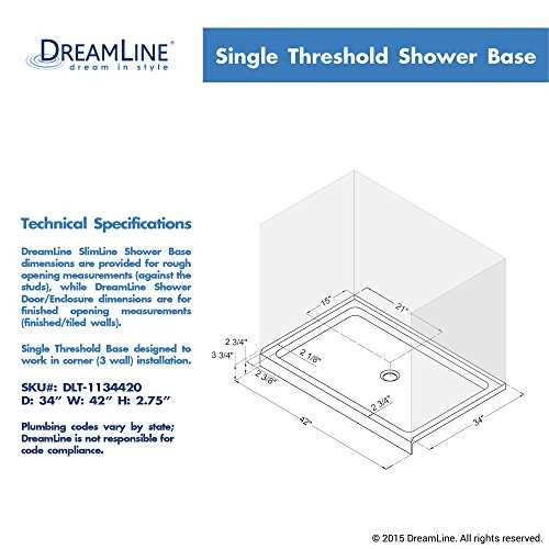 DreamLine SlimLine 34 in. D x 42 in. W x 2 3/4 in. H Center Drain Single Threshold Shower Base in White, DLT-1134420 - Image 4