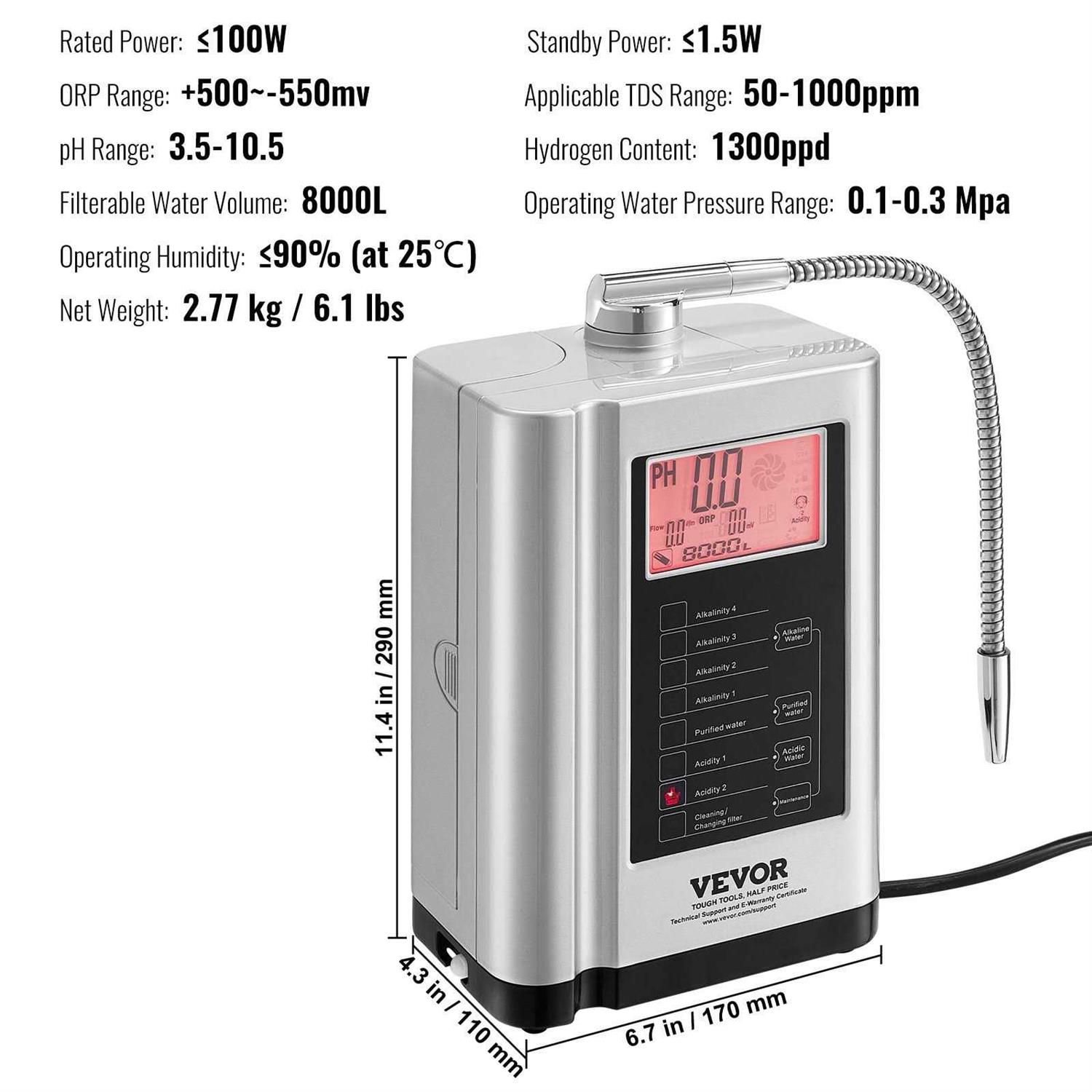 VEVOR Alkaline Water Ionizer Machine pH 3.5-10.5 Alkaline Acidic Hydrogen Water Purifier 7 Water Settings Home Filtration System Up Orp - Image 3
