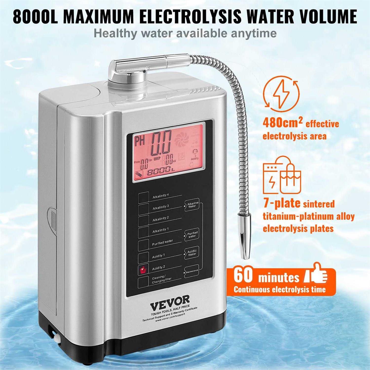 VEVOR Alkaline Water Ionizer Machine pH 3.5-10.5 Alkaline Acidic Hydrogen Water Purifier 7 Water Settings Home Filtration System Up Orp - Image 5