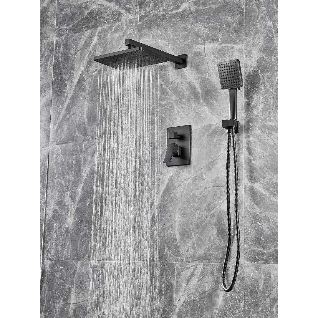 ELLO&ALLO 2-Handle 2 -Spray of Rain Shower Faucet and Handshower Combo Kit with Rectangle Shower Head in Black - Image 3