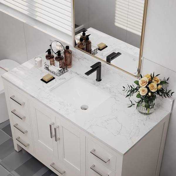 Dimakai 49 in. W x 22 in. D Engineered Stone Composite White Square Single Sink Bathroom Vanity Top Only in Carrara White - Image 4