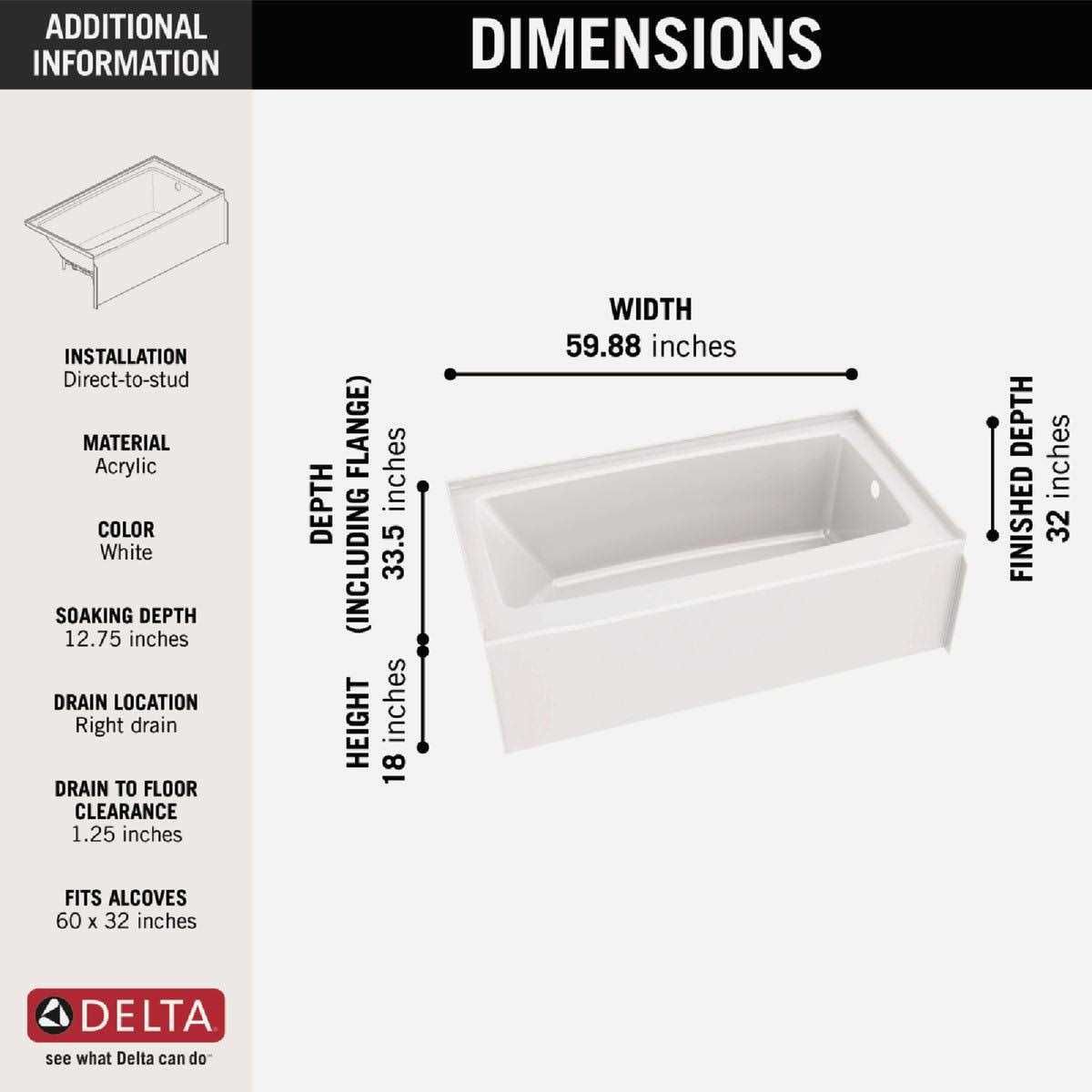 Delta Classic 500 60 in. Right Drain Rectangular Alcove Bathtub - Image 5