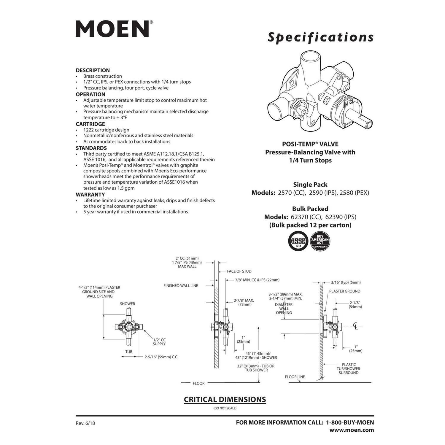 Moen Posi-Temp 1/2 IPS Connection Includes Pressure Balancing 2590 - Image 4