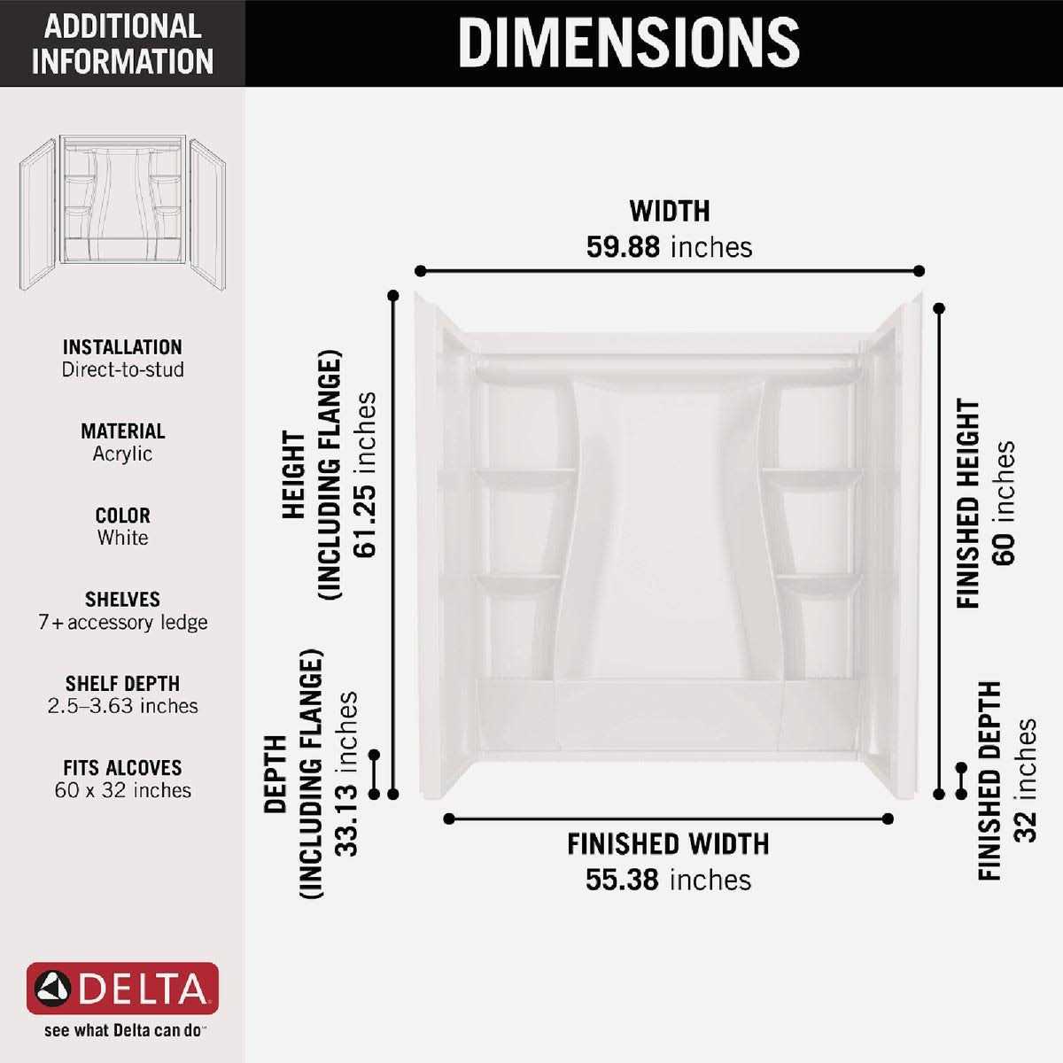 Delta Classic 500 61-1/4 in. H x 32 in. W x 60 in. L White Bathtub Wall - Image 3