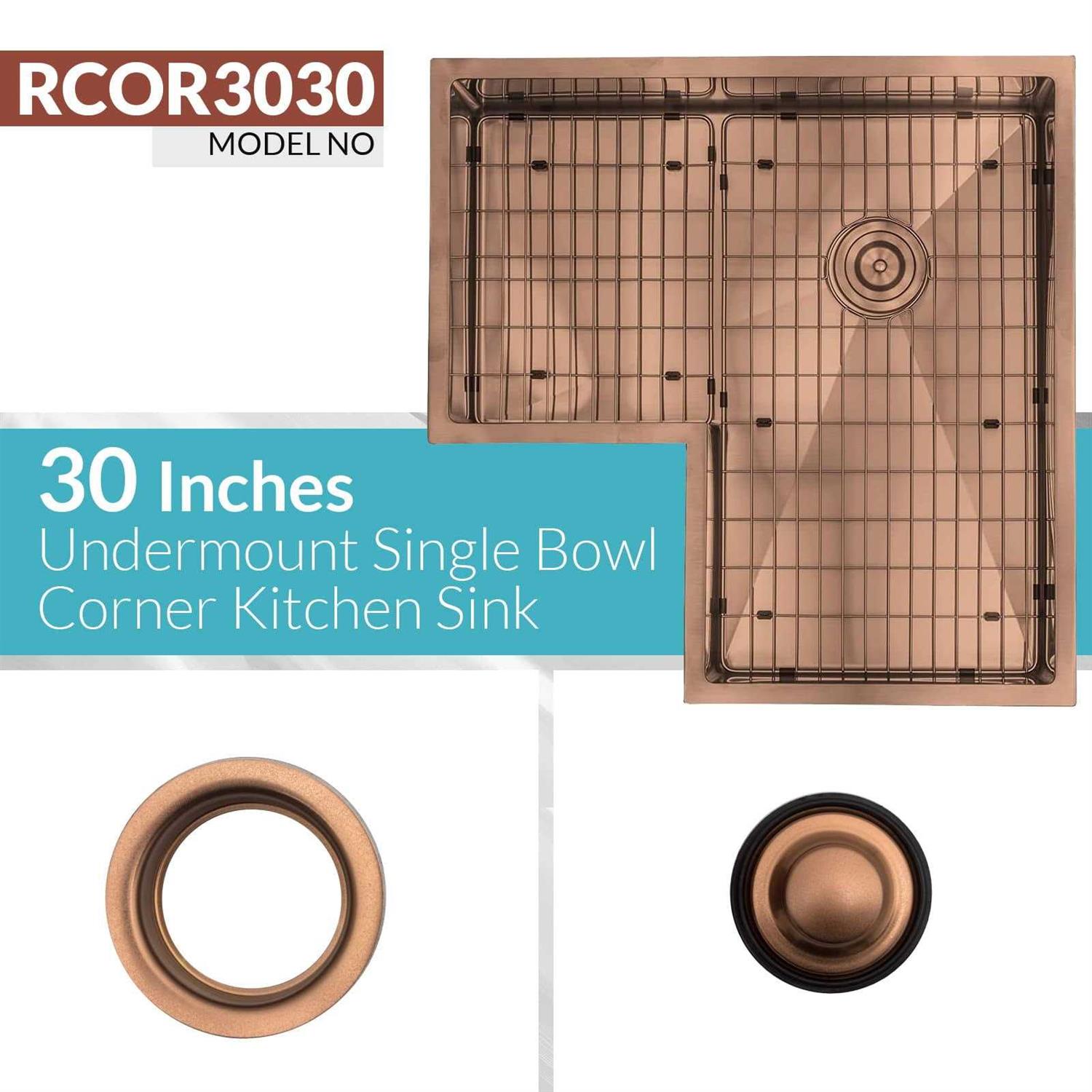 S STRICTLY KITCHEN + BATH Copper 16 Gauge Stainless Steel 30 in. Single Bowl Corner Undermount Workstation Kitchen Sink with Accessories - Image 3