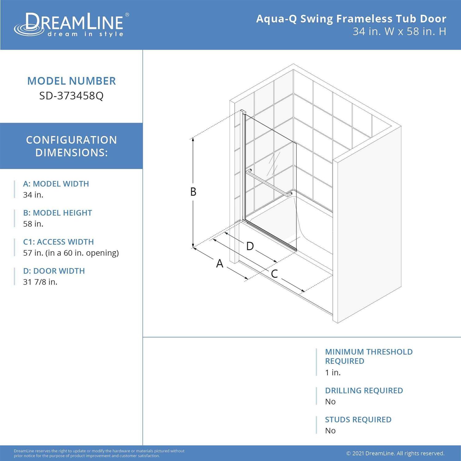 DreamLine Aqua-Q Swing 34 in. W x 58 in. H Frameless Tub Door SD-373458Q-09 - Image 3