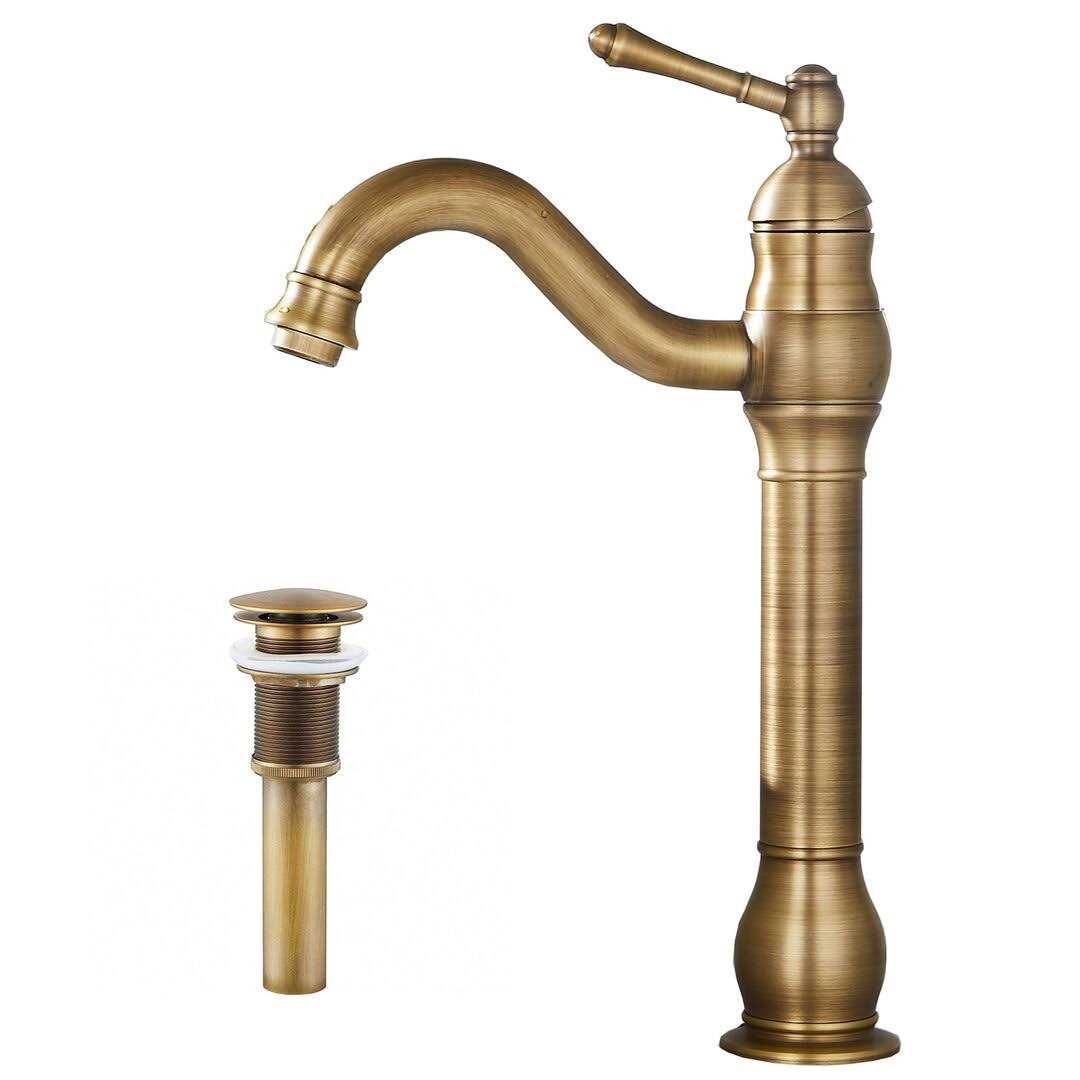 Ggstudy 360A Swivel Antique Brass Bathroom Vessel Sink Faucet Single Handle One Hole Matching with Pop Up Drain