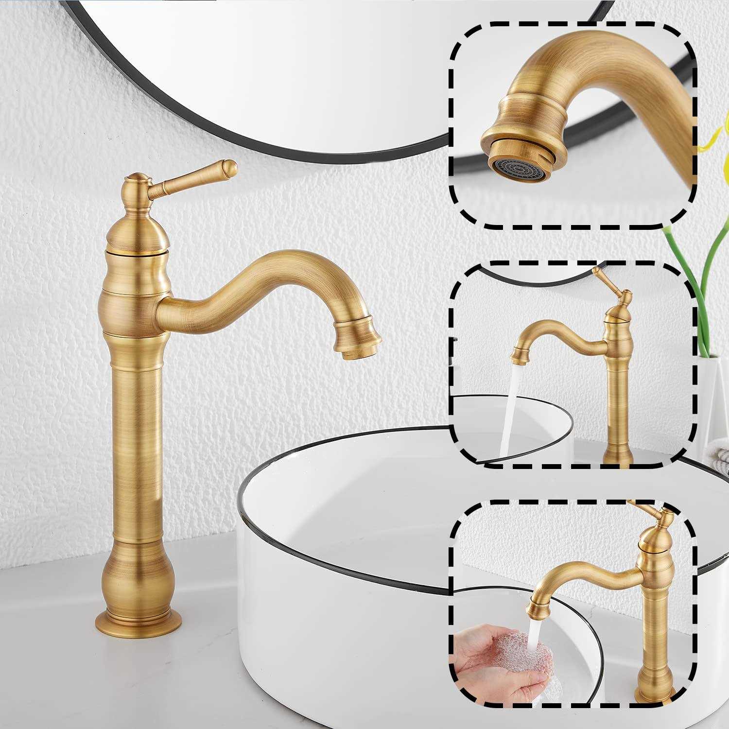 Ggstudy 360A Swivel Antique Brass Bathroom Vessel Sink Faucet Single Handle One Hole Matching with Pop Up Drain - Image 2