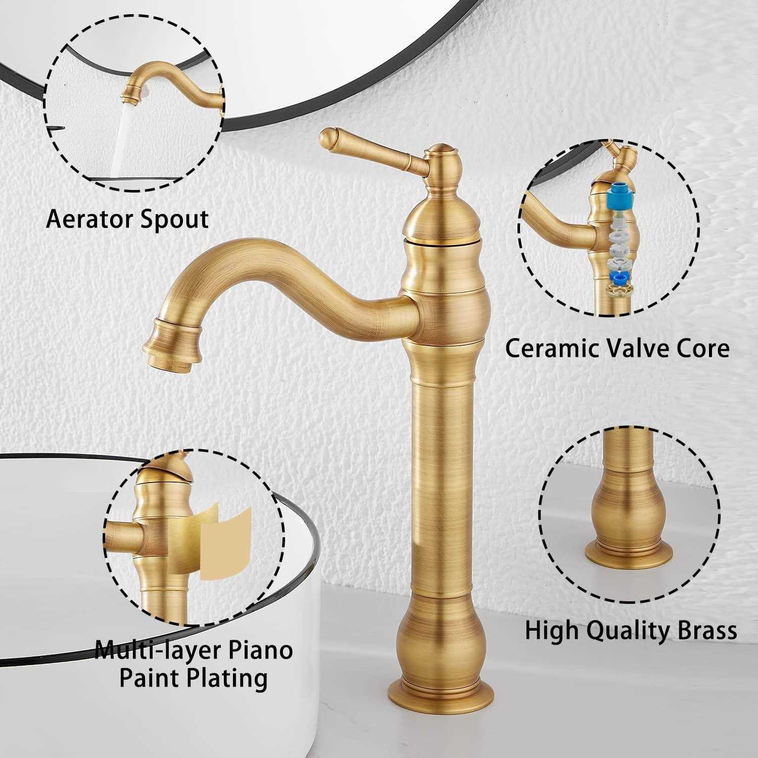 Ggstudy 360A Swivel Antique Brass Bathroom Vessel Sink Faucet Single Handle One Hole Matching with Pop Up Drain - Image 3
