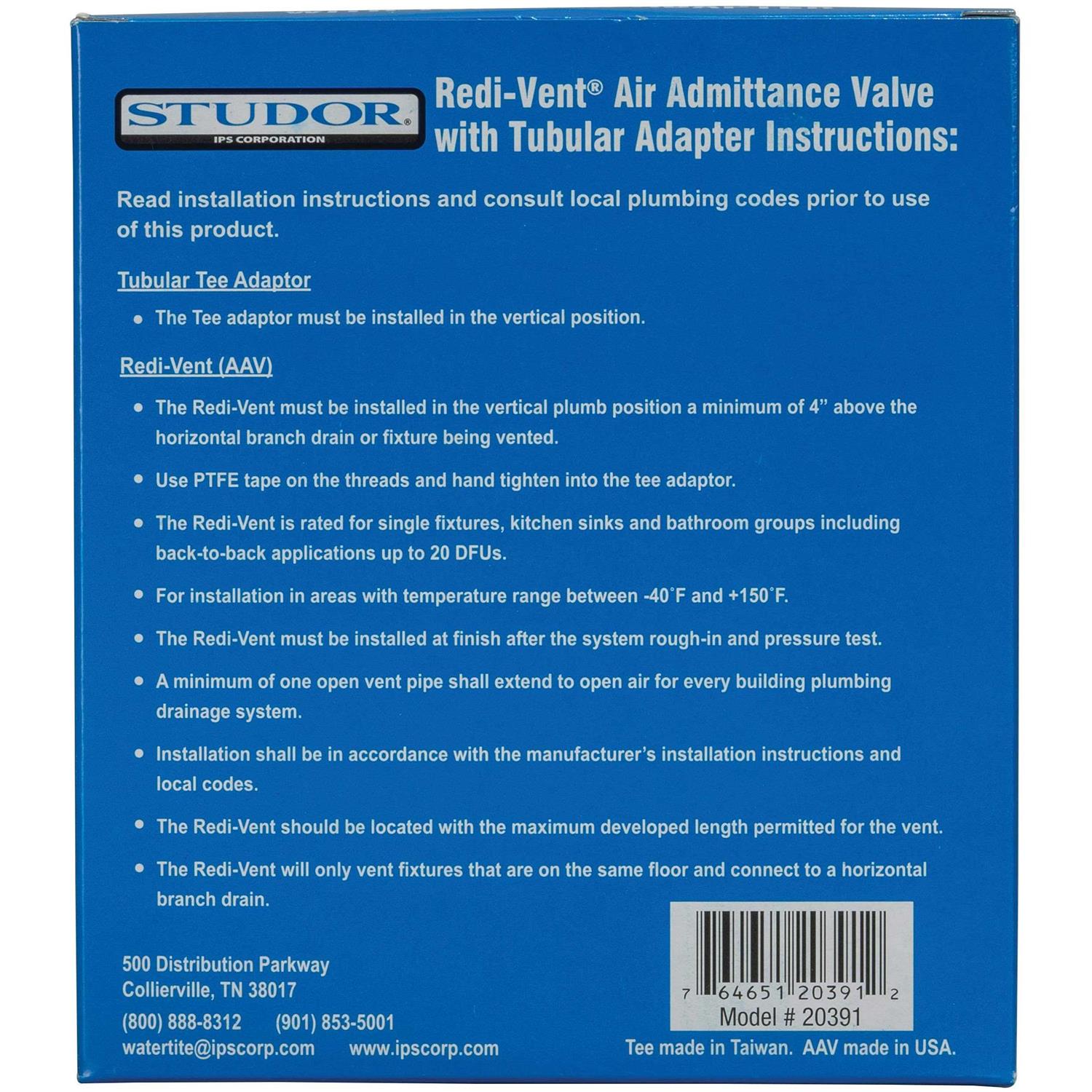 Studor 20391 Redi-Vent Air Admittance Valve with Tubular Tee Adapter - Image 3