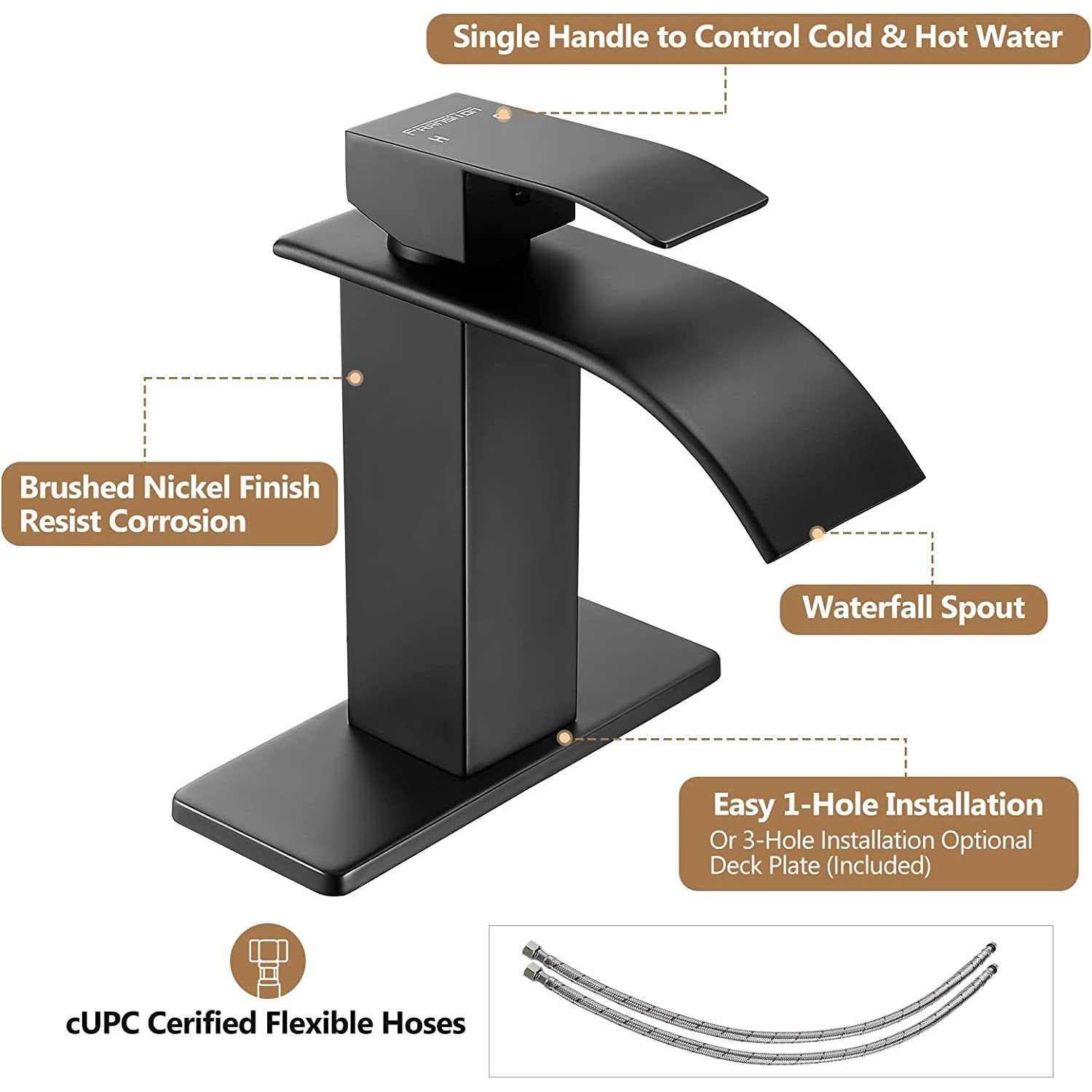 Fransiton Black Waterfall Bathroom Faucet Rv Lavatory Single Handle 1 or 3 Hole Bathroom Sink Faucet Washbasin Faucet with Deck - Image 4