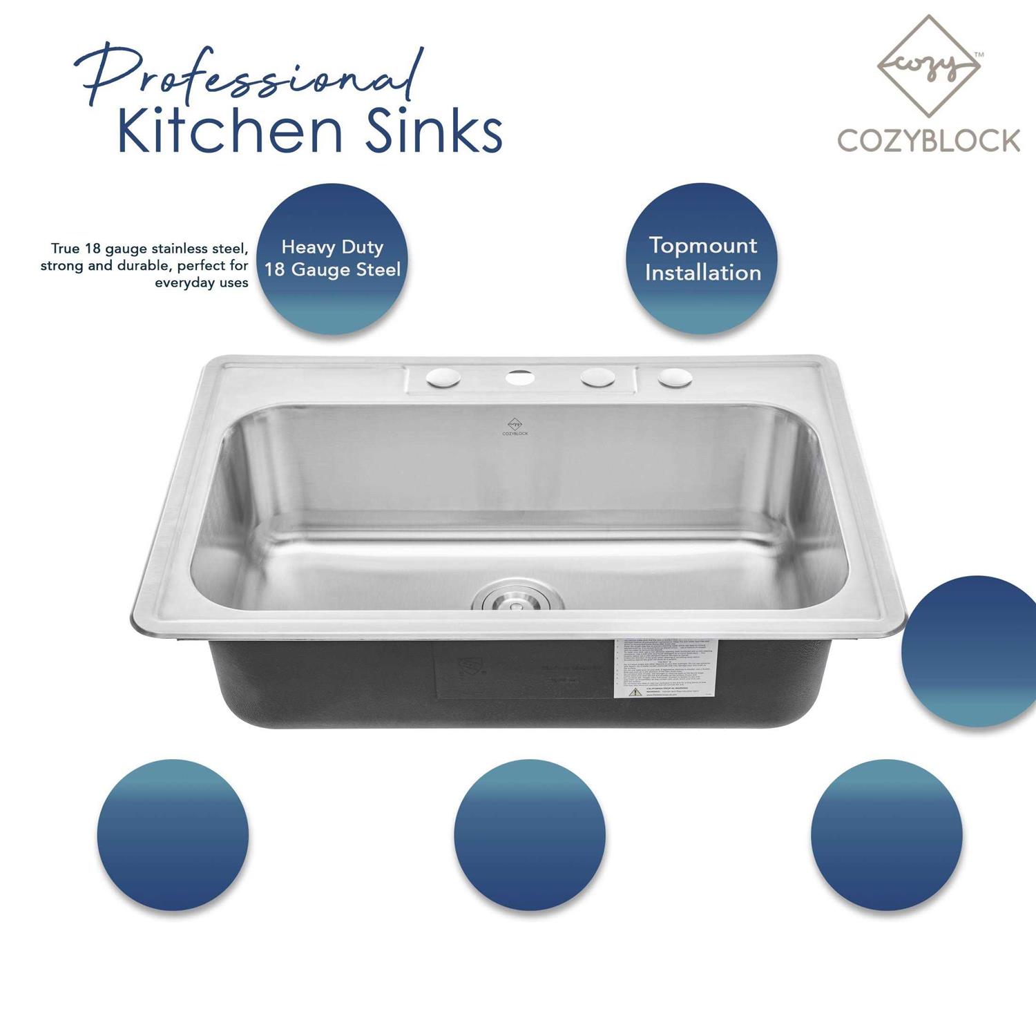 eModernDecor Top Mount Drop-in Stainless Steel 18-Gauge 33 in. x 22 in. x 9 in. Deep 4-Faucet Holes Single Bowl Kitchen Sink - Image 4