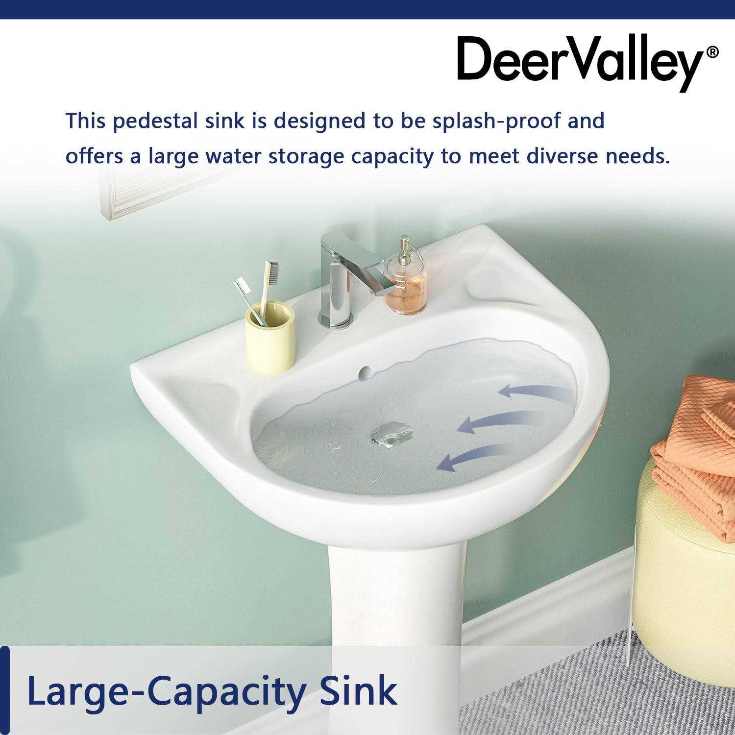 DeerValley DV-1P525 Ally 20 X 17 Modern U-Shape White Ceramic Pedestal Bathroom Sink With Overflow - Image 3