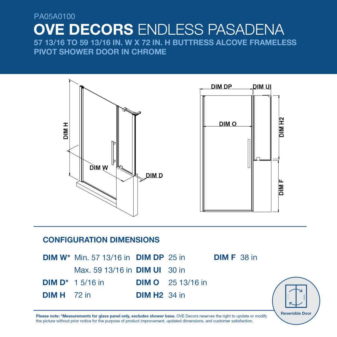 Ove Decors Pasadena 59-13/16 in. W x in. H Alcove Frameless Pivot Shower Door in Chrome with Buttress Panel PA05A0100 - Image 5