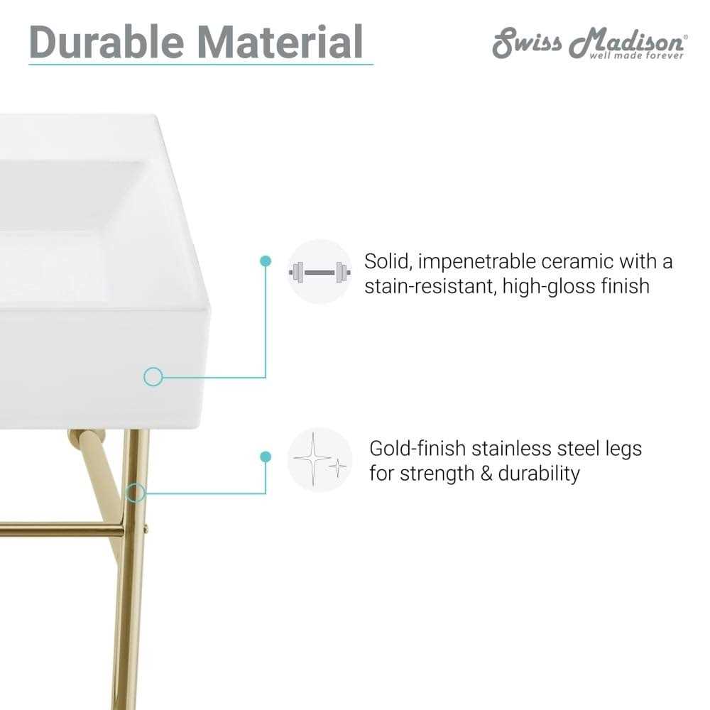 Swiss Madison Carre 36 Ceramic Console Sink White Basin Brushed Gold Legs - Image 3