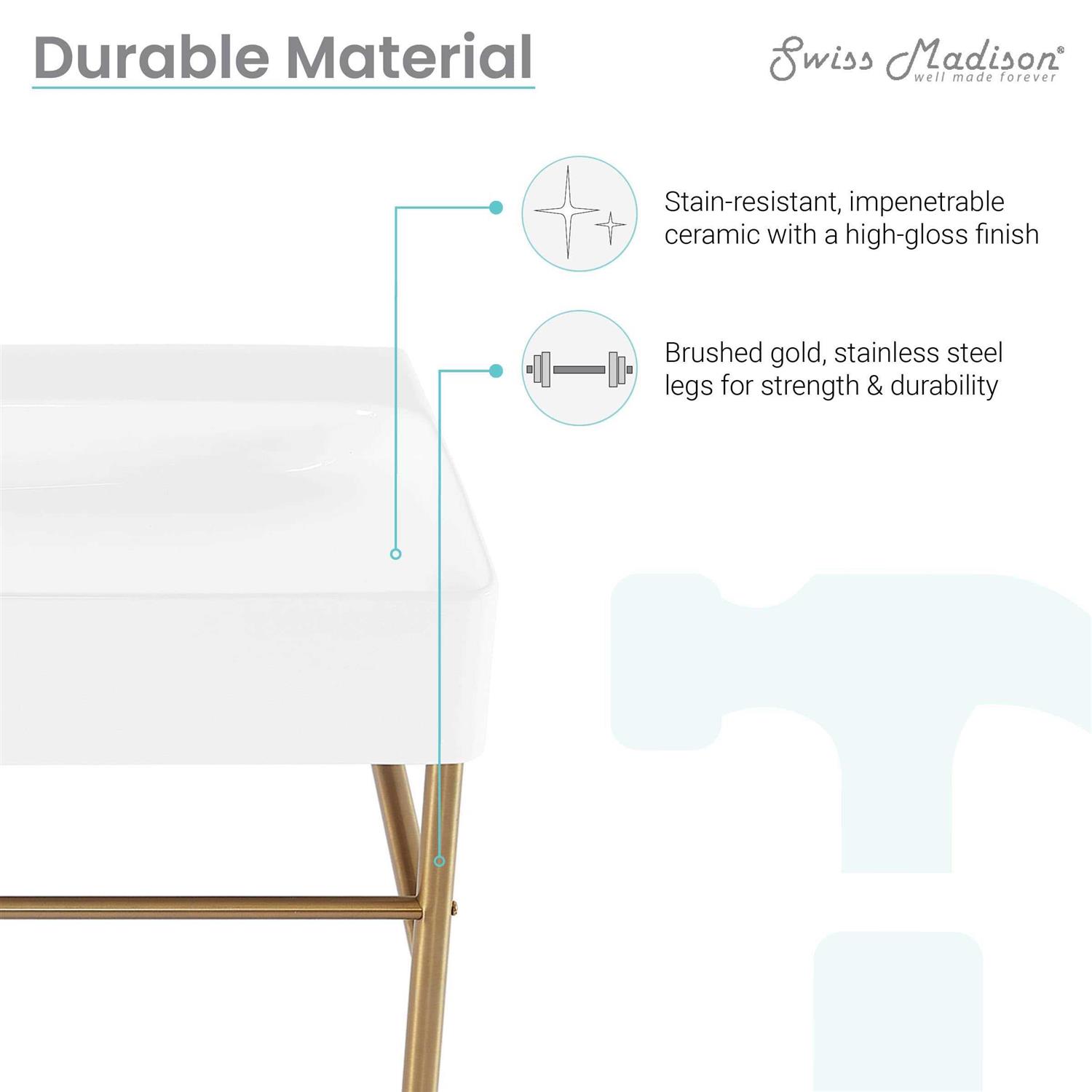 Swiss Madison Carre 36 Ceramic Console Sink White Basin Brushed Gold Legs - Image 5