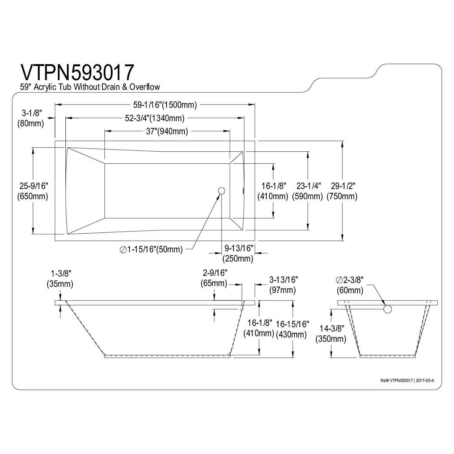 Aqua Eden 59-Inch Acrylic Rectangular Drop-In Tub with Reversible Drain Hole - Image 4