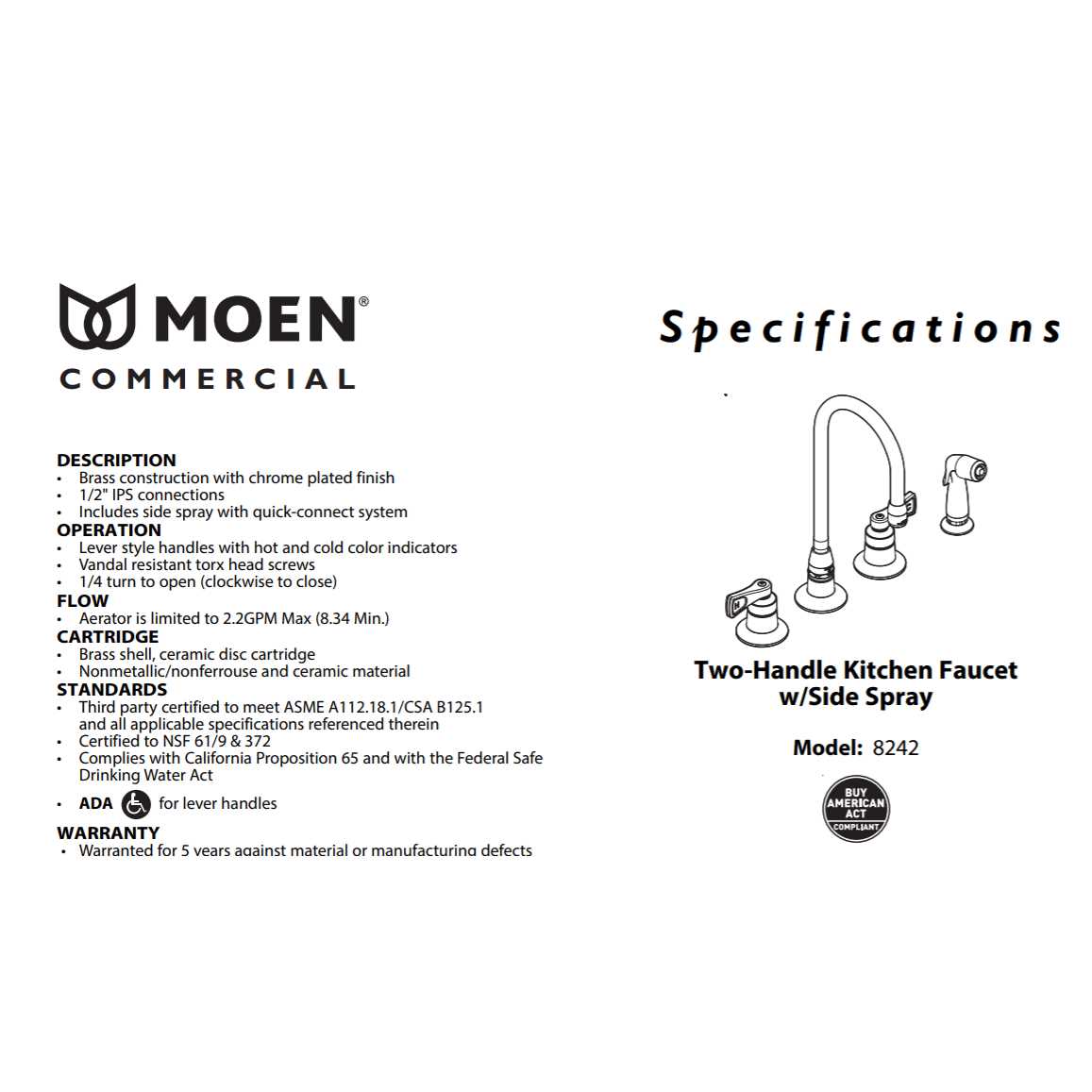 Moen M-Dura Two Handle Commercial Kitchen Faucet 8242 - Image 2