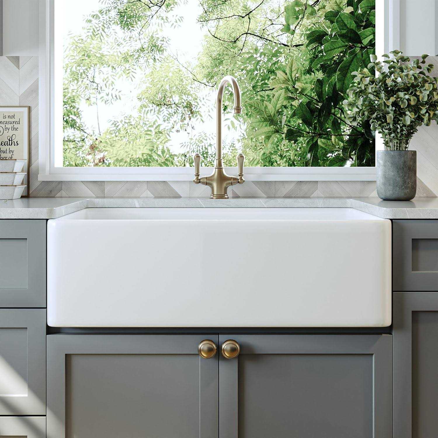 DeerValley DV-1K512 Grove White Fireclay Rectangular Single Bowl Farmhouse Apron Kitchen Sink with Grid and Strainer - Image 4