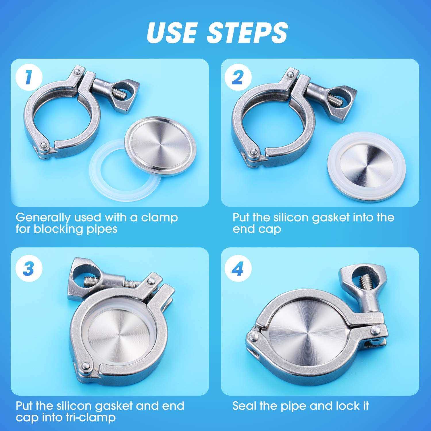 Hotop 6 Pieces 1.5 Inch Sanitary Fitting Cap Stainless Steel 304 Sanitary End Cap Pipe Fitting Clamp Solid End Caps Blind Tri Caps Clamp for Dairy - Image 4