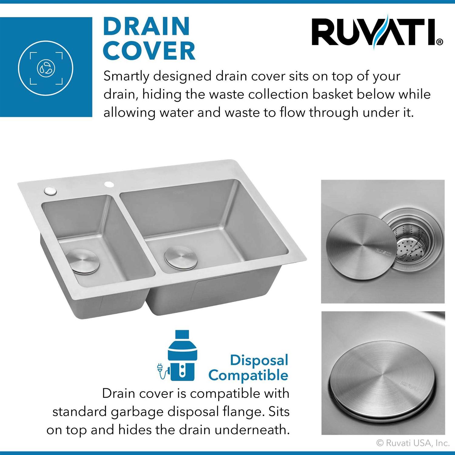 Ruvati 33 x 22 inch Drop-in Topmount Kitchen Sink 16 Gauge Stainless Steel 30/70 Double Bowl RVM5176 - Image 3