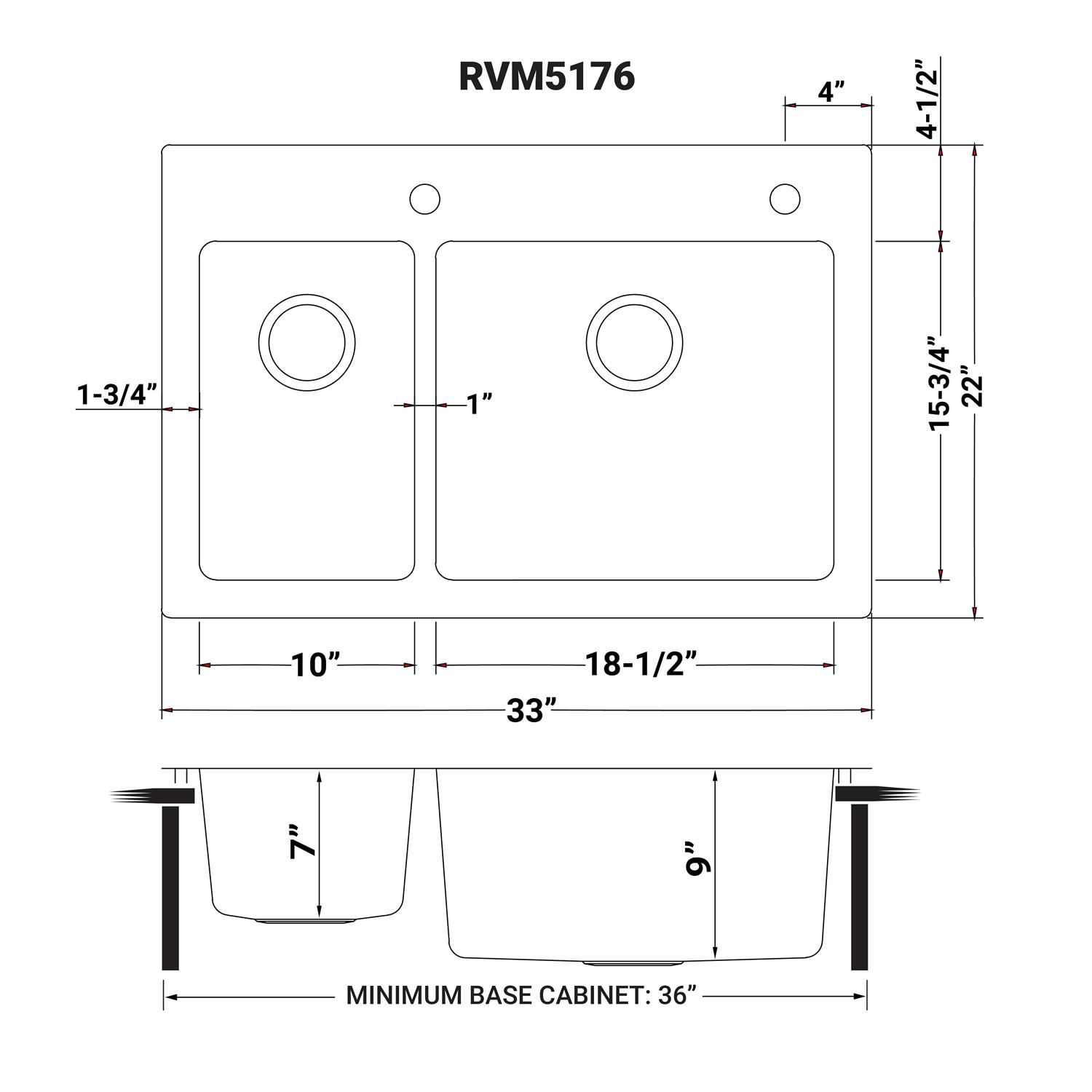 Ruvati 33 x 22 inch Drop-in Topmount Kitchen Sink 16 Gauge Stainless Steel 30/70 Double Bowl RVM5176 - Image 4