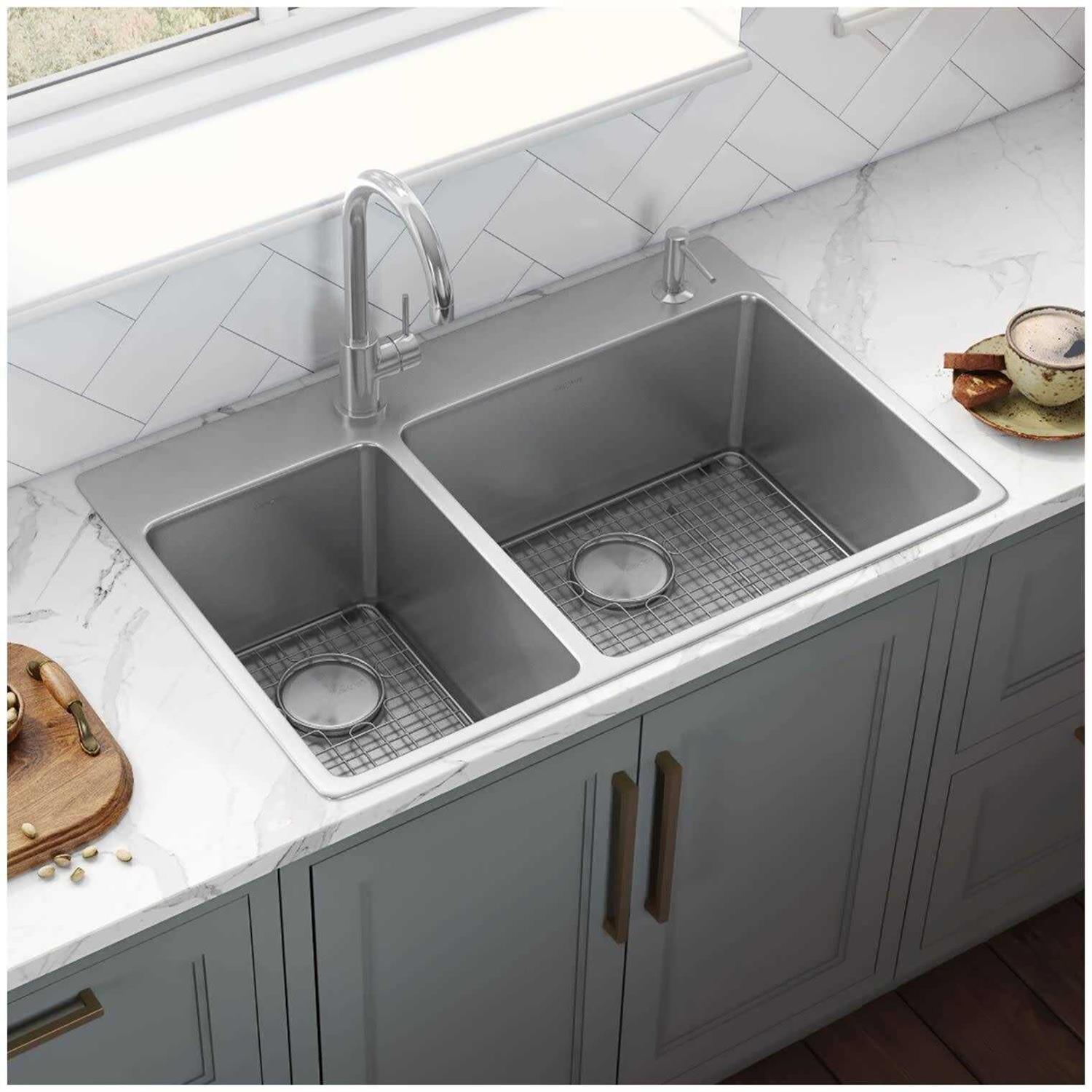 Ruvati 33 x 22 inch Drop-in Topmount Kitchen Sink 16 Gauge Stainless Steel 30/70 Double Bowl RVM5176 - Image 5