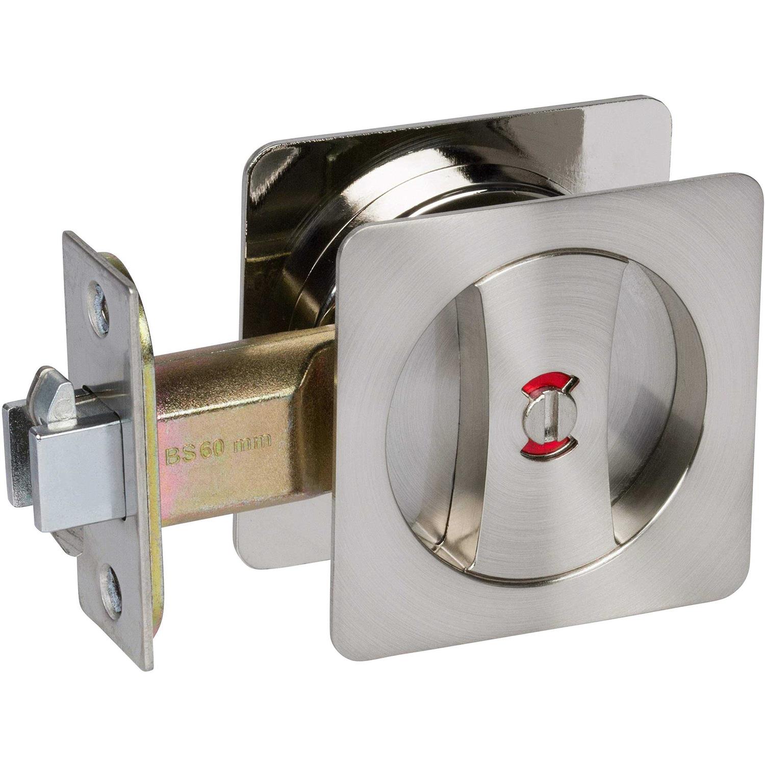 Delaney Hardware 370109 Satin Nickel Contemporary Privacy Square Pocket Door Lock with Edge Pulls and Color Coded Indicators - Image 3
