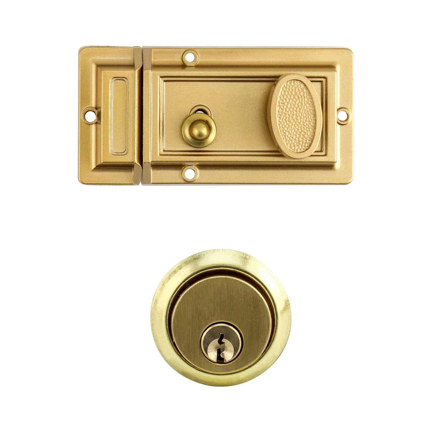 QWORK Night Latch Deadbolt Rim Lock with Key Gold Finish Antique Style Lock with Front Door Key - Image 3