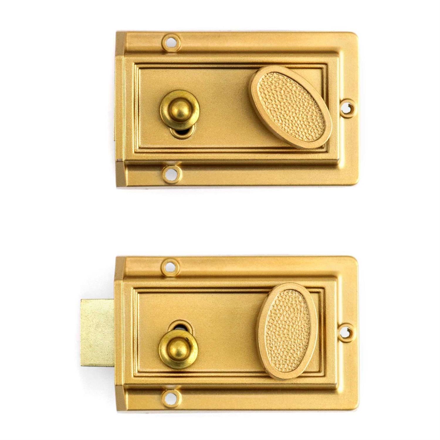 QWORK Night Latch Deadbolt Rim Lock with Key Gold Finish Antique Style Lock with Front Door Key - Image 4