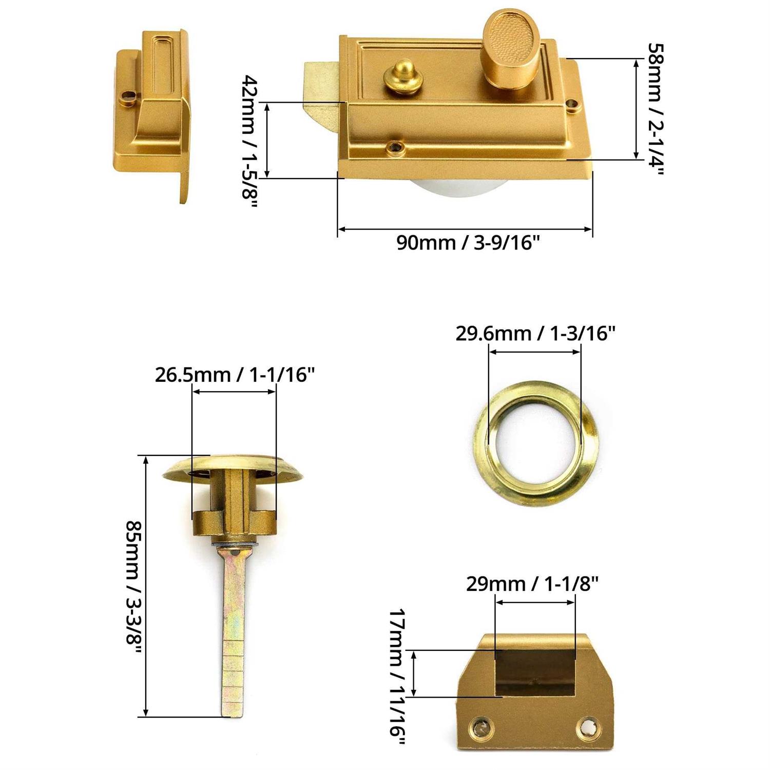 QWORK Night Latch Deadbolt Rim Lock with Key Gold Finish Antique Style Lock with Front Door Key - Image 5